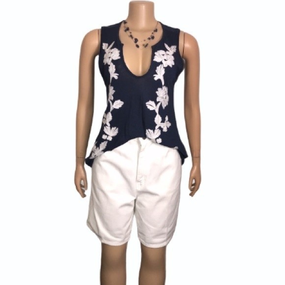Lucky Brand Top Sleeveless linen Blend blue & white Floral Embroidered size XS - Picture 4 of 11